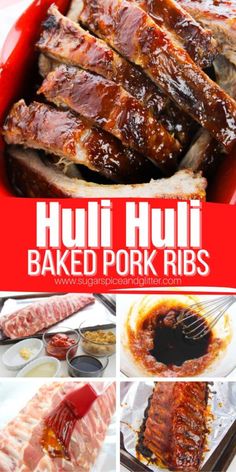 baked pork ribs with bbq sauce in a red casserole dish