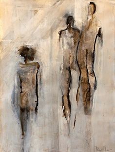 an abstract painting of two people standing next to each other