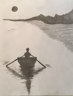 a drawing of a person in a rowboat on the water with a full moon above them