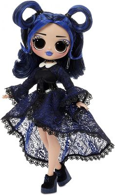 a doll with blue hair and black dress