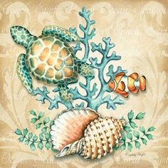 Sea Life I Poster Print by Sydney Wright Image 1 Zee Tattoo, Sea Creatures Art, Sea Life Art, Turtle Tattoo, Nautical Art, Sea Art, Fine Arts Posters, Ocean Art, A Sea