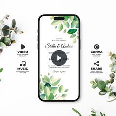 an iphone case with leaves and music notes on it, sitting next to some plants