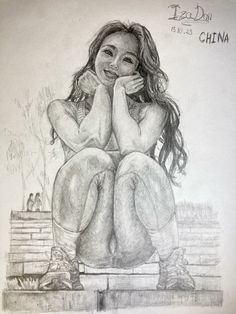 a pencil drawing of a woman sitting on a bench with her hands over her face