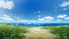 a dirt path leading to the ocean under a blue sky with white clouds and green grass