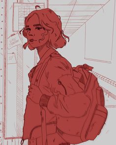 a drawing of a woman with a backpack on her back, looking at the camera