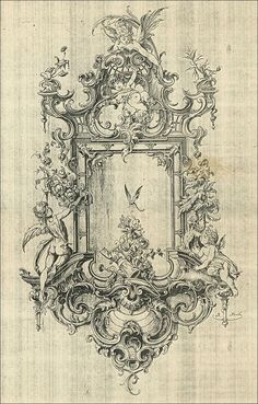 an old drawing of a mirror with birds and flowers on it's border, in black ink