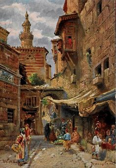 an old painting of people walking around in the street with shops and buildings on either side