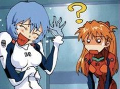 two anime characters standing next to each other with question marks above their heads in front of them