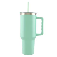 a mint green travel mug with a stainless steel lid and straw in the cup, on a white background