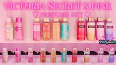 victoria's secret x pink perfume set is displayed in front of a pink background