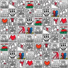 an image of a pattern with hearts and faces on it's squares, all in black and white