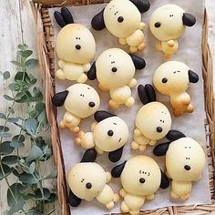 a basket filled with lots of cute little dogs on top of a white tablecloth