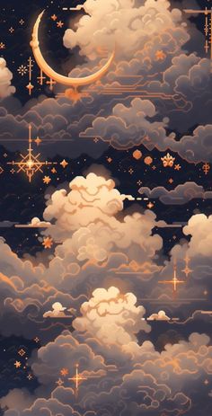 the sky is filled with clouds and stars, as if it were painted in gold