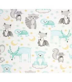 a white background with blue and grey animals on it, including an elephant, fox, bear