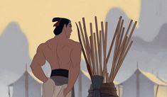 an animated man standing next to a bamboo basket with sticks sticking out of it's back