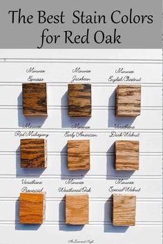 the best stain colors for red oak in various shades and sizes, with text overlaying them