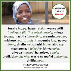 a girl with a headscarf smiles in front of a sign that says language garage