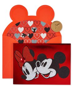 mickey and minnie mouse greeting cards with envelopes in the shape of heart - shaped ears