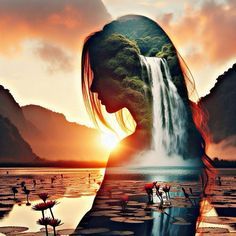 a woman with long hair standing in front of a waterfall and lily pads at sunset