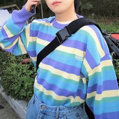 Casual Purple Color Block Sweater, Colourful Clothes Aesthetic, Cute Sweaters Aesthetic, Pastel Sweater Outfit, Colorful Clothes Aesthetic, Soft Boy Outfits, 90s Aesthetics, Tony Moly, Oui Oui