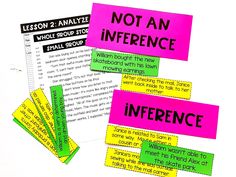 several pieces of pink and green paper with words on them that read, not an inference