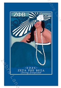 a woman in a blue dress with pearls on her head and the words zeta phi beta