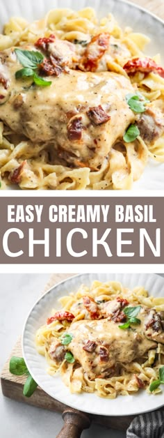 easy creamy basil chicken recipe on a white plate