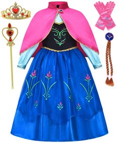 a princess dress and accessories are shown in this image