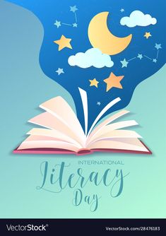 an open book with stars and the moon on it for international library day vector illustration