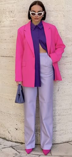 Barbie Inspired Office Outfits, Purple Coat Outfit, Hot Pink Blazer Outfit, Purple Top Outfit, Bright Winter Outfits, Pink Blazer Outfit, Pink Wardrobe, Monday Outfit, Green Color Combinations