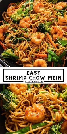 shrimp chow mein with broccoli and noodles in a skillet