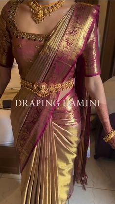 Traditional Saree For Wedding Function, Engagement Saree Bride, Sarees For Marriage Function, South Indian Look For Engagement, Bride Sarees South Indian, Tamilian Saree, Tamil Wedding Outfit, South Indian Wedding Guest Look, Saree For Warm Skin Tone