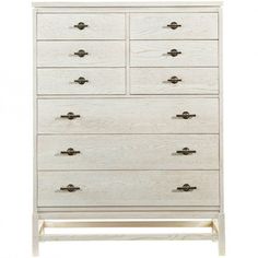 a white dresser with black handles and drawers on it's sides, against a white background