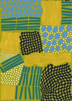 an abstract painting with blue and yellow dots on green paper, in the shape of squares