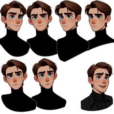 various facial expressions for a man with brown hair and blue eyes, in black turtle neck sweater