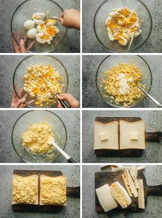 six pictures showing how to make an egg salad with cheese and eggs on toasted bread