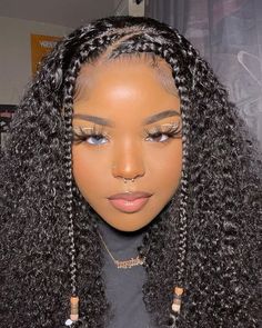 Simple Hairstyles For Long Hair Black Women, Curly Hair With A Braid On The Side, Hair Designs For Straight Hair, Cute Curly Bob Hairstyles, Baddie Hairstyles Curls Natural Hair, 90s Hairstyles Curly Hair, Braids In The Front Natural Hair, Natural Hairstyle Ideas, Curly Hairstyles For Black Women