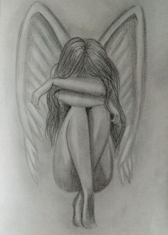 a pencil drawing of a woman hugging an angel