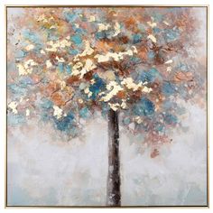 an abstract painting of a tree with blue, brown and white leaves