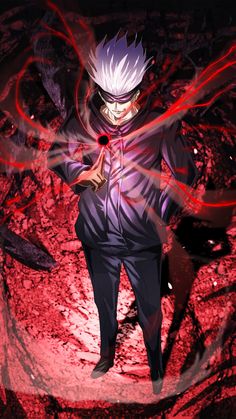 an anime character with white hair and purple eyes standing in front of red streaks on the ground