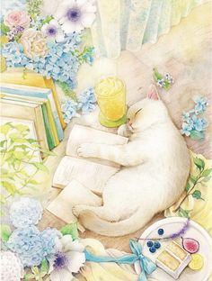 a painting of a cat laying on top of a table next to books and flowers