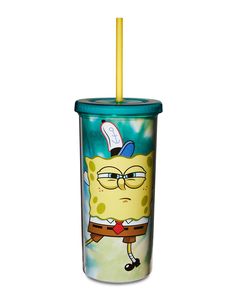 a cup with a straw sticking out of it's side and a cartoon character on the inside