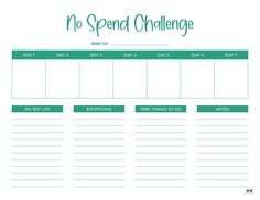 a printable calendar with no spend challenge on the front and green writing in the middle