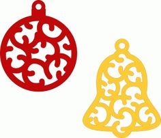 two red and yellow christmas ornaments on a white background, one with an ornament in the shape of a bell