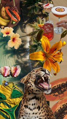 an animal with its mouth open next to some flowers and other things on the ground