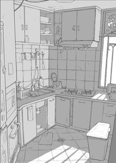 a drawing of a kitchen with lots of cupboards and counter top space in it