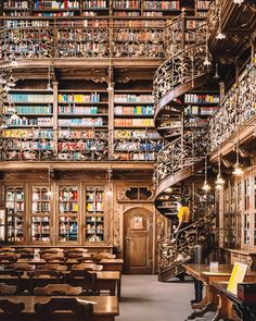 an image of a library with many books on the shelves and stairs leading up to it