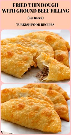 fried thin dough with ground beef filling is shown in three different ways and has been cut into pieces