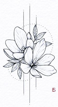 a black and white drawing of a flower with leaves on the bottom half of it