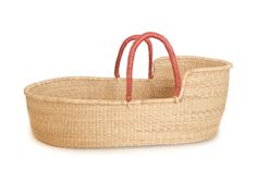 Pelu Moses Basket - Brown Handle - Heddle & Lamm Moses Basket Bassinet, Traditional Baskets, Basket Weaver, Baby Inside, Thick And Fit, Use Of Plastic, Moses Basket, Baby Boutique, Leather Wraps